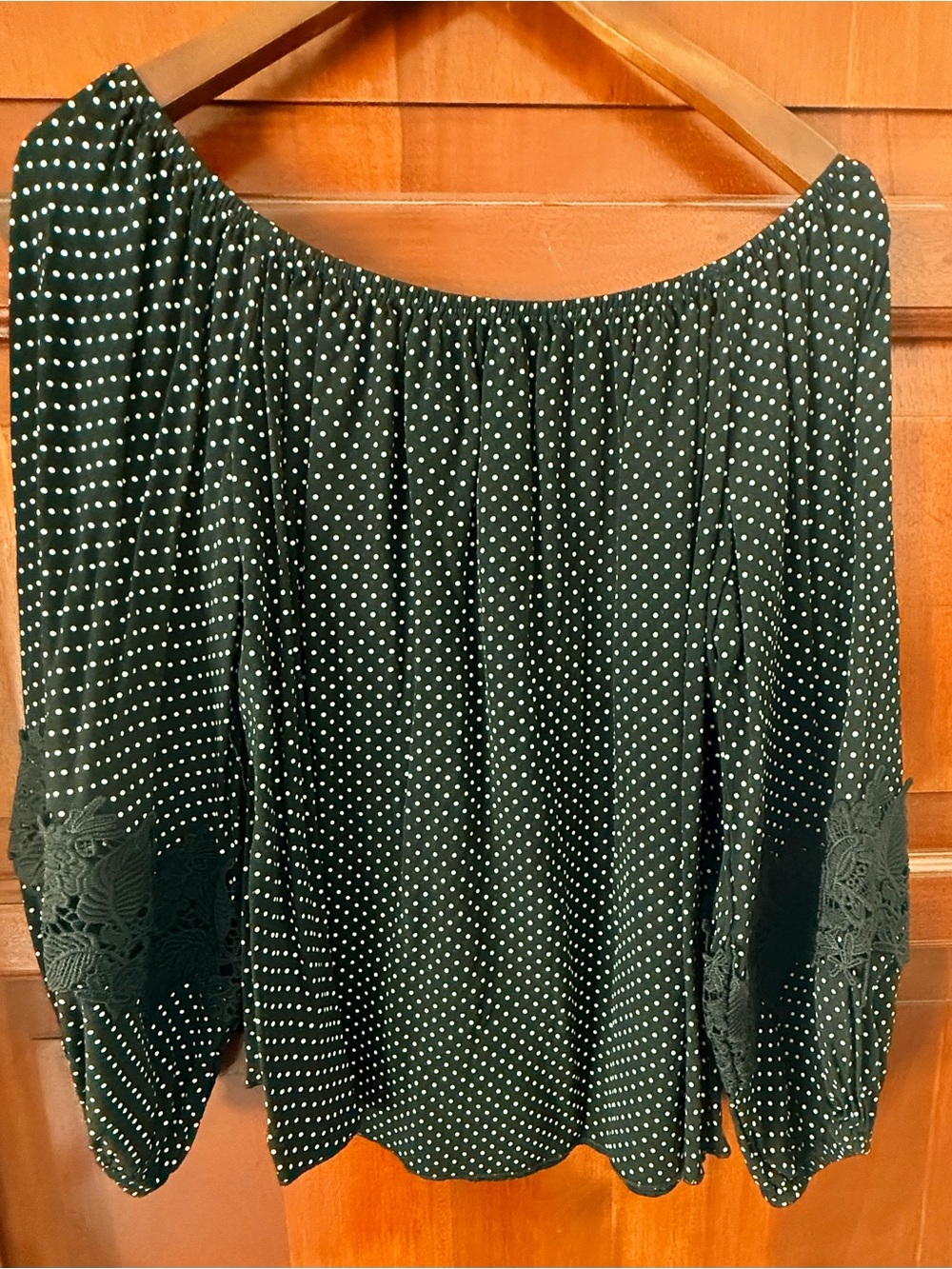 Muchette Et muchette Off-Shoulder Black Polka Dot Blouse w/ Lace Sleeve Detail